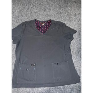 koi BASICS Women XL Charcoal Gray V-Neck Scrub Top Floral Trim Pockets 373